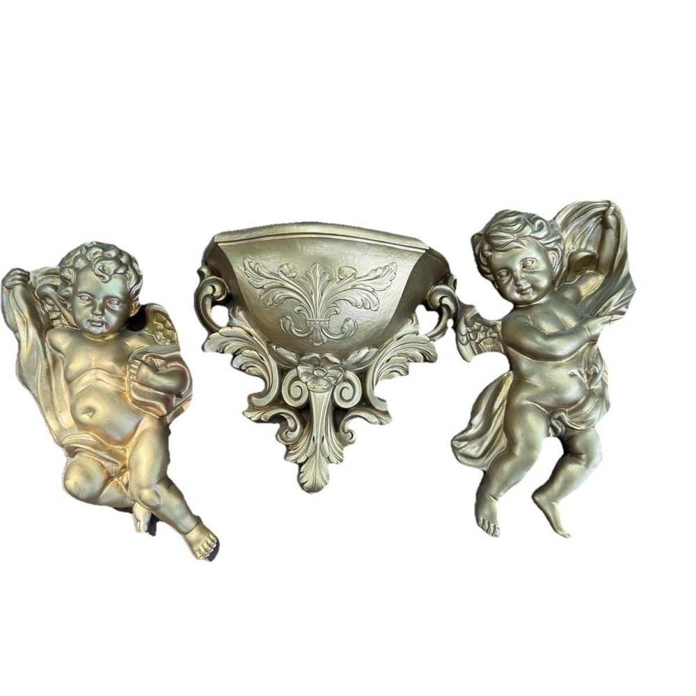 Vintage Homco #1120 Wall Hanging Decor Gold Cherub‎ Angels Wall Pocket Ornate